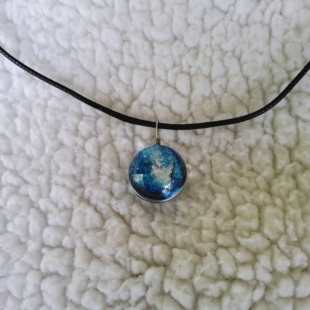 Cosmic Blue Nebula Pendant Necklace Glass Galaxy Charm on Adjustable Black Cord
